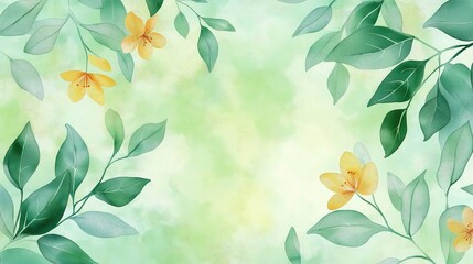 A vibrant watercolor composition with soft green leaves and bright yellow flowers scattered in an abstract pattern. 