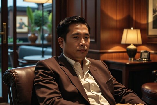 Sophisticated Husky Vietnamese Businessman in a High-End Business Lounge with Dark Wood Paneling