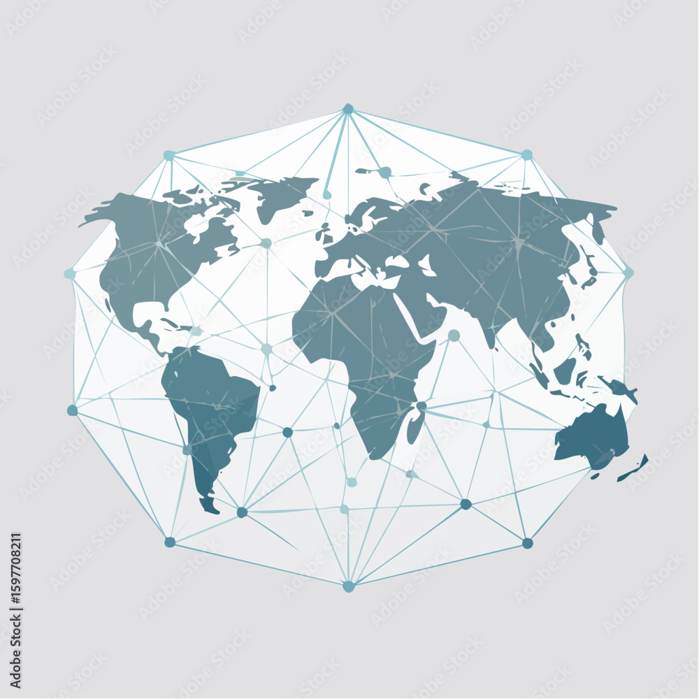 Poster global network of interconnected dots and lines showing world map