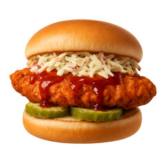 Mouth-watering crispy chicken sandwich featuring coleslaw, tangy sauce, and pickles.