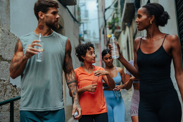 Fitness group walking and drinking water in lisbon alley after workout