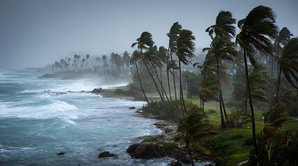Tropical storm with bending palm trees, stormy skies, crashing ocean waves, and heavy rain, capturing the dramatic intensity and power of nature in a coastal setting . © Tanvir
