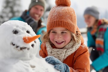 Child Adds Carrot Nose to Snowman