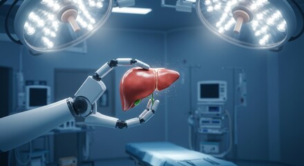 Robotic arm in a pristine operating room holding a hyperrealistic human liver model