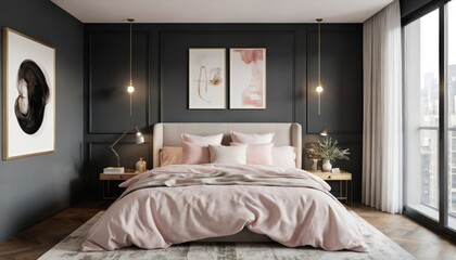 Chic urban bedroom features charcoal gray walls complemented by blush pink accents. Gold-framed decor adds a touch of luxury. Stylish, refined bedchamber with modern art and elegant furnishings.