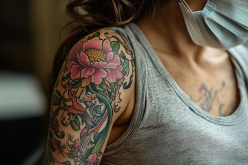 Close-up of cancer patients tattoo, symbolizing strength and determination in the fight against cancer, Generative AI