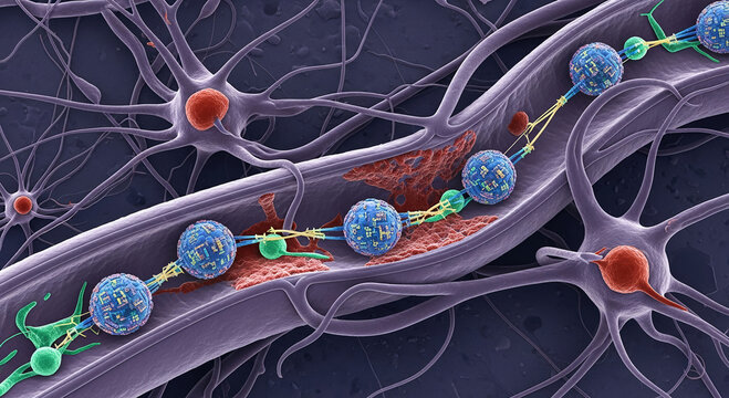 Microscopic view of a nerve cell axon with myelin sheath, showing nodes of Ranvier and surrounding neurons.