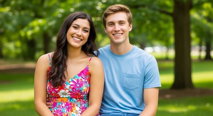 Obraz premium Smiling young caucasian couple enjoying a day in the park