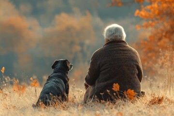 Elderly woman walking with her dog in autumn nature, enjoying the calm and peace of the changing seasons, Generative AI
