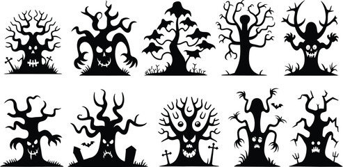 Scary Halloween Tree Silhouettes with Faces vector illustration