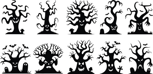 Scary Halloween Tree Silhouettes with Faces vector illustration