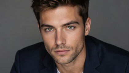Portrait of handsome man with captivating green eyes, brown hair, stubble. Serious, confident expression, clean shaven face. Wears stylish jacket over shirt collar. Natural light, shadow define
