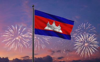 National flag independence state Cambodia, background fireworks. AI Generative