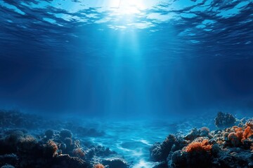 Fototapeta premium Underwater corals on the ocean bottom. Blue background with clear water and sunlight underwater in sea