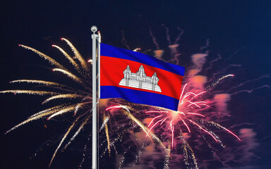 National flag independence state Cambodia, background fireworks. AI Generative