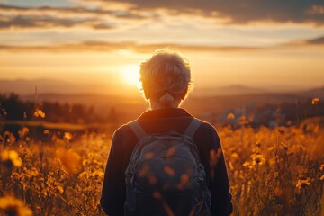 Rear view of senior woman hiking outdoors in nature at sunset, capturing the tranquility and sense of adventure that outdoor activities offer to older adults, Generative AI