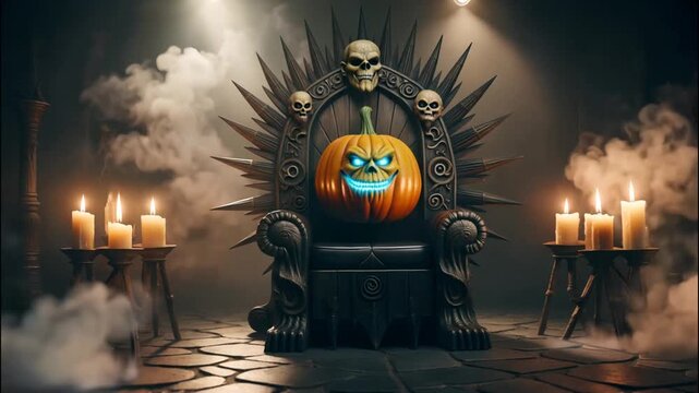 Pumpkin king on a throne surrounded by skulls and candles