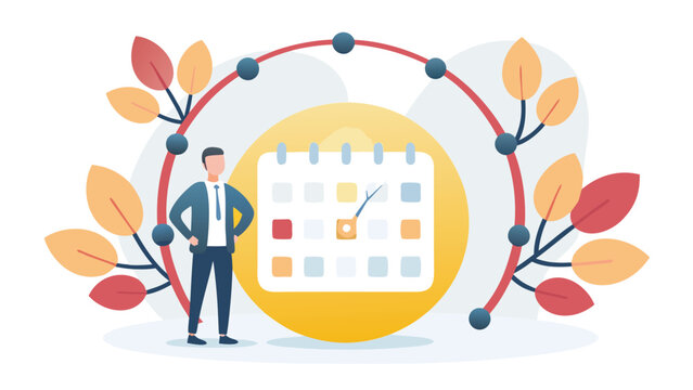 Man standing next to a calendar with leaves and a timeline circle in the background design illustration