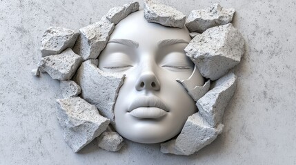 A white plaster female face, seemingly embedded in a fractured stone surface