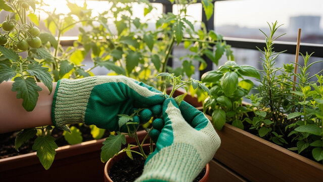 Hands in gardening gloves tending to a small tomato plant on a sunny balcony garden with other herbs and plants in containers. - Powered by Adobe