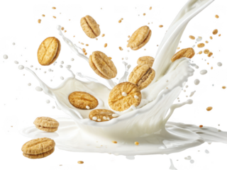 Delicious round cookies splashing into creamy white milk in a dynamic freeze frame action shot isolated on transparent background
