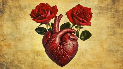 Red heart with roses on aged paper