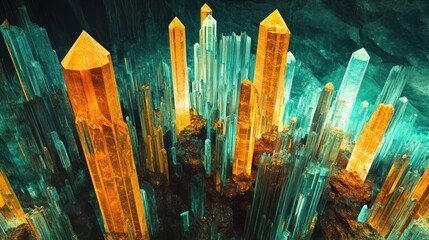 Crystal city, vibrant orange & teal towers