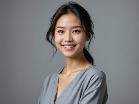 Authentic and Friendly Studio Portrait of a Young Asian Woman with a Genuine Smile