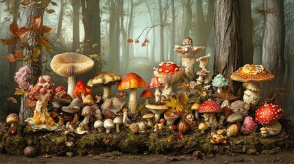 Many colorful mushrooms in a forest scene
