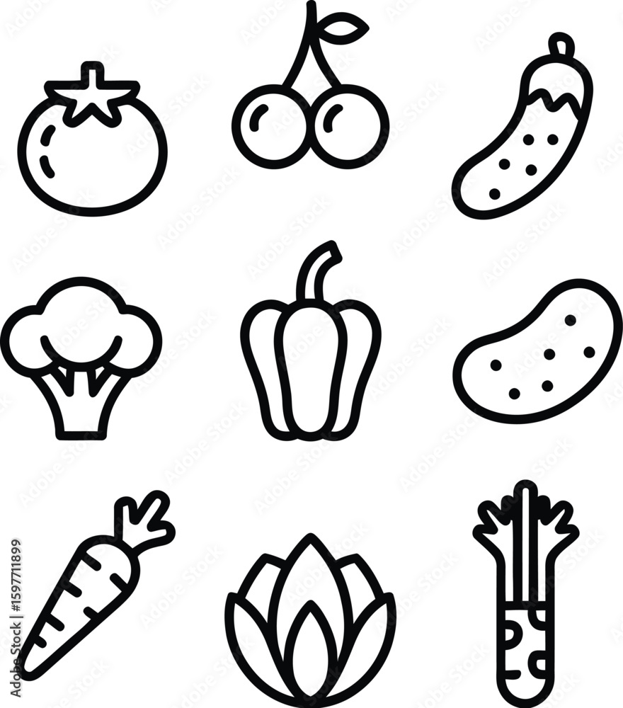 Poster a collection of nine outlined icons representing various vegetables and fruits arranged in a grid pa