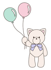 リボンをつけたかわいい猫のぬいぐるみのベクターイラスト。ねこ、アイコン、風船