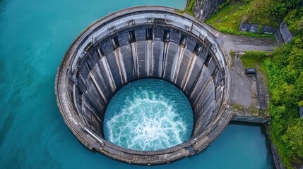 High-angle view of a circular dam spillway, water gushing through