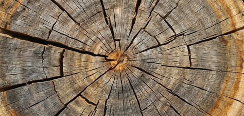 Fototapeta premium Close-up illustration of weathered tree trunk cross-section showing detailed growth rings, natural cracking pattern. Aged wood texture with rustic, organic, timber material details provides natural,