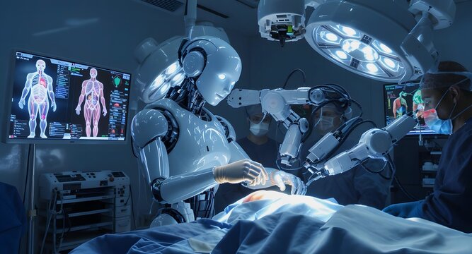 AI Robot Performing Surgery in Futuristic Medical Lab.