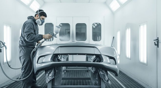 Young hispanic male in auto paint booth spraying car bumper with protective gear - Powered by Adobe