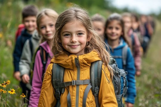 Group of school children on a field trip in nature, learning science outdoors. This image symbolizes the importance of active, hands-on education in natural environments, Generative AI