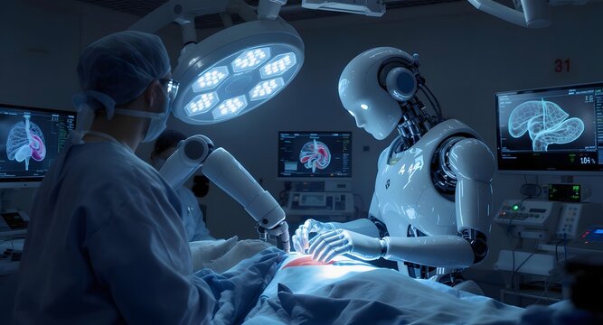 AI Robot Performing Surgery in Futuristic Medical Lab. - Powered by Adobe
