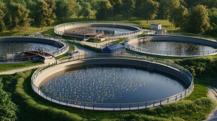 Aerial view of circular wastewater treatment ponds in a park-like setting