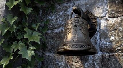 Ornate bronze bell hanging on a stone wall, with ivy