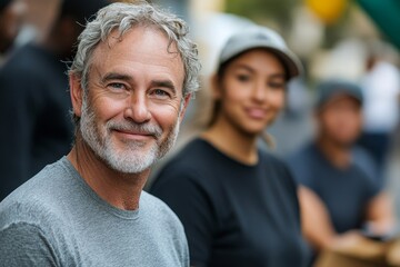 Mature man volunteer with his team, looking at the camera while cleaning up the street as part of a community service initiative, Generative AI