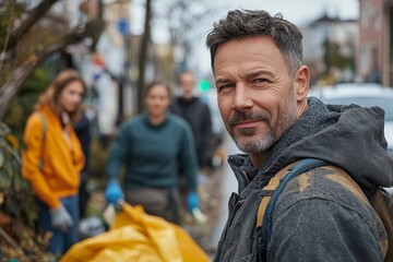 Mature man volunteer with his team, looking at the camera while cleaning up the street as part of a community service initiative, Generative AI