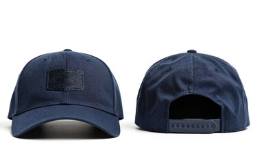 Navy blue baseball cap, front, back views. Features textured patch detail on front panel. Made from comfortable, lightweight fabric with adjustable strap for perfect fit. Versatile, unisex headwear