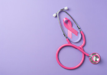 A stethoscope with a pink ribbon symbolizing breast cancer awareness set against a light purple backdrop