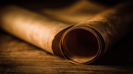 Fototapeta premium Aged parchment scroll partially unrolled on wooden surface, warm sepia tones, vintage texture,