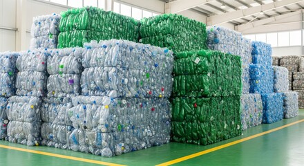 Bales of compacted plastic bottles in recycling facility warehouse