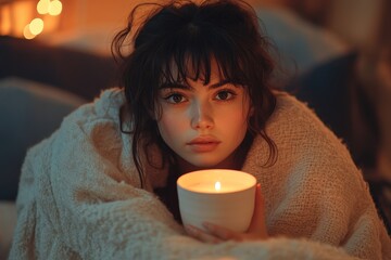 Ill young woman drinking tea while wrapped in a blanket at home, reflecting a quiet moment of self-care and recovery. The scene emphasizes the need for rest and comfort during, Generative AI