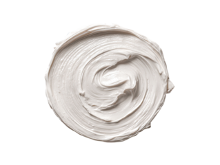 Creamy, swirled substance in a circular shape, against black background.  Atop,  smooth, pale cream.  Texture appears thick, perhaps a cosmetic
