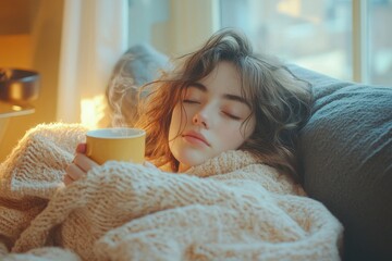 Ill young woman drinking tea while wrapped in a blanket at home, reflecting a quiet moment of self-care and recovery. The scene emphasizes the need for rest and comfort during, Generative AI