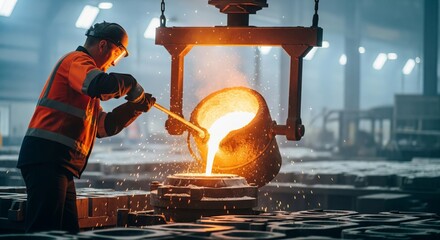 Caucasian male adult metalworker pouring molten metal in industrial foundry