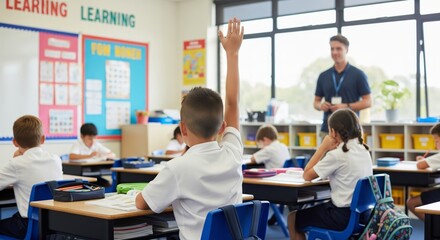 Caucasian male teacher in classroom with children engaged in learning activities